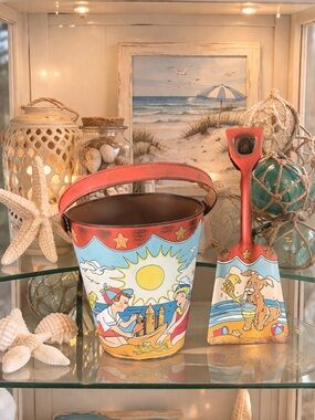 Vintage Metal Sand Pail Bucket with Matching Shovel